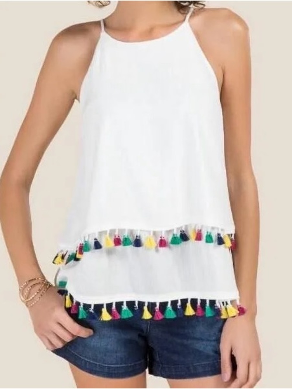 Francesca’s White Halter Tank with Multicolor Tassel Trim